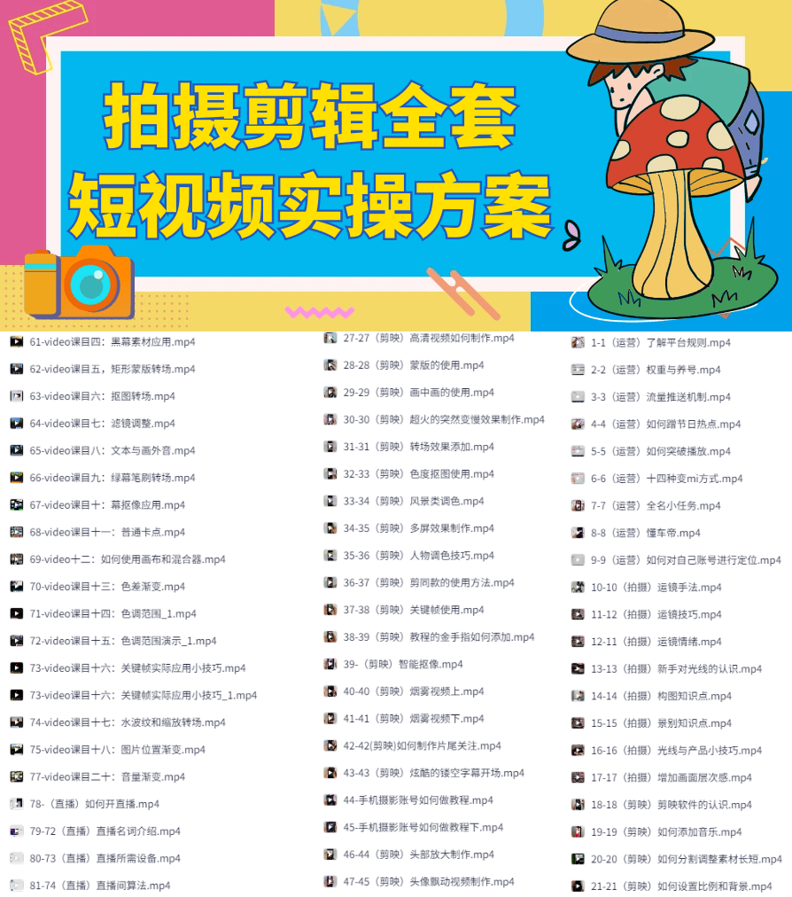拍摄剪映剪辑全套短视频课程，含自媒体实操方案
